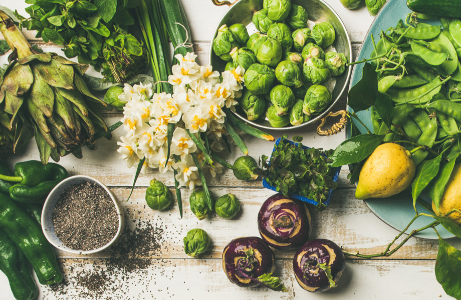 Green vegetables surrounded by spring floral