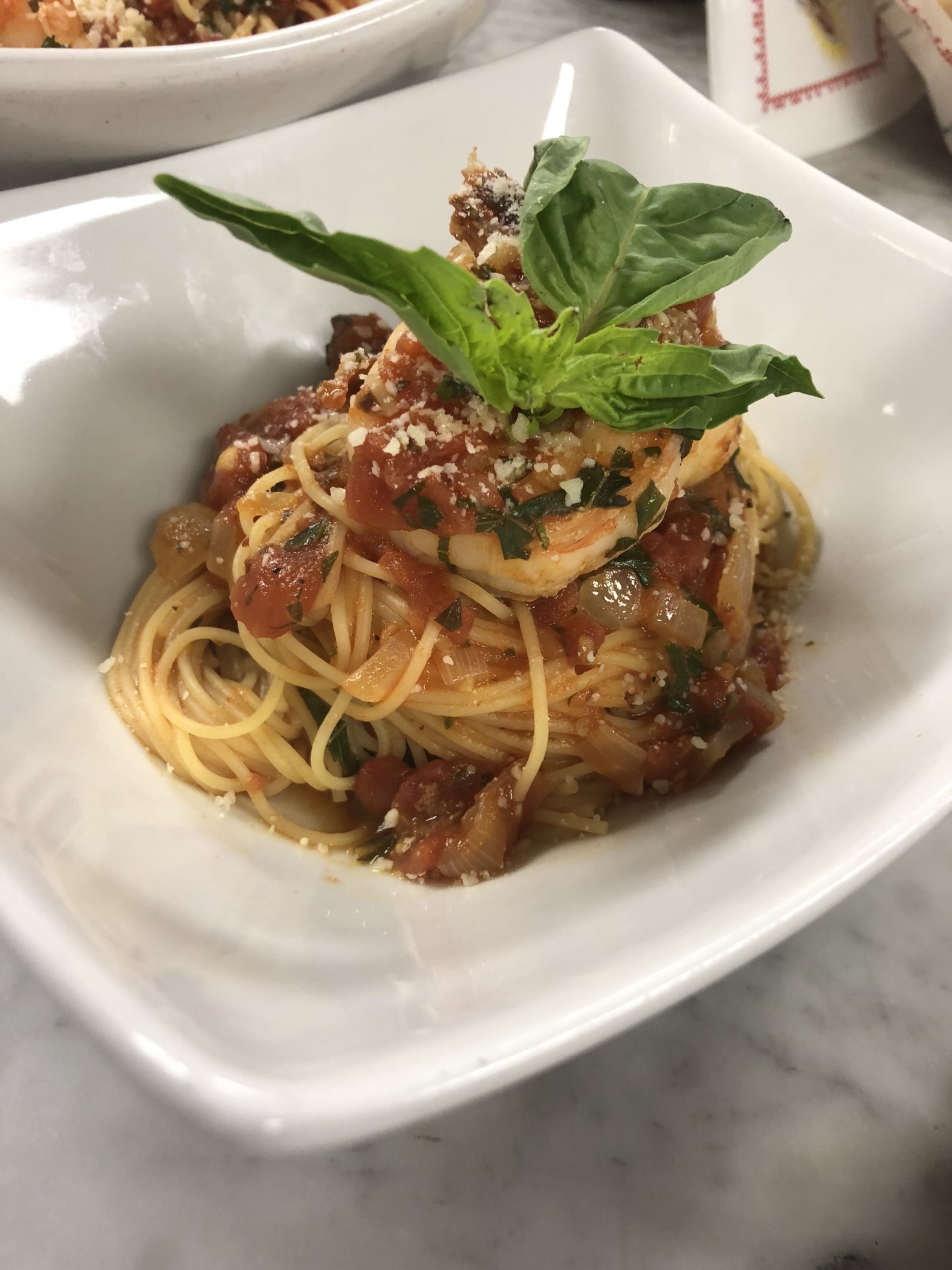 Shrimp Fra Diavolo in white plate