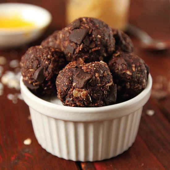 Chocolate energy bites in white container