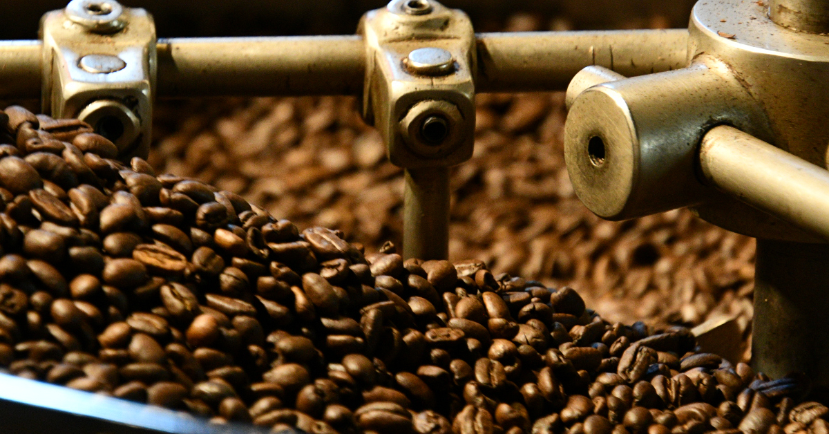 Coffee beans roasting at a coffee roaster in California