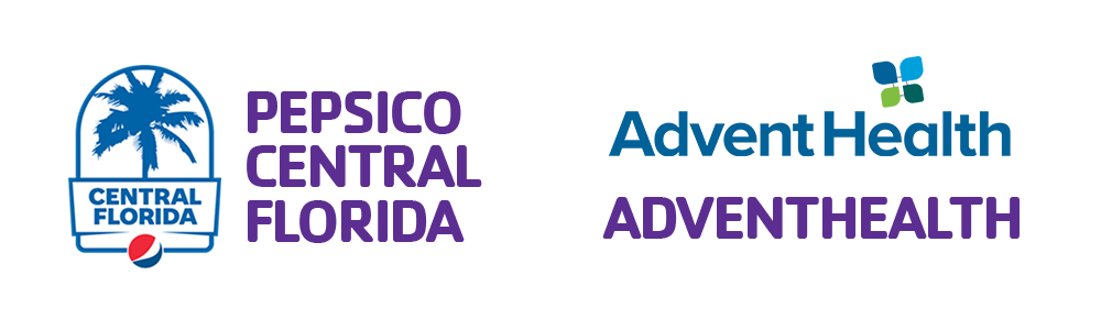 Logo of a blue palm tree with the words Central Florida with the red white and blue Pepsi in a badge with the words Pepsico Central Florida next to it in purple
