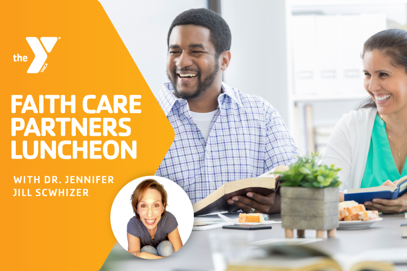 Image of pastoral staff eating lunch, smiling, while holding Bibles with the title Faith Care Partners Luncheon