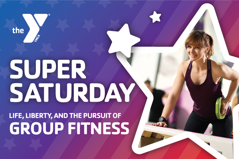 Woman holding weight plate in a group exercise class with the title Super Saturday