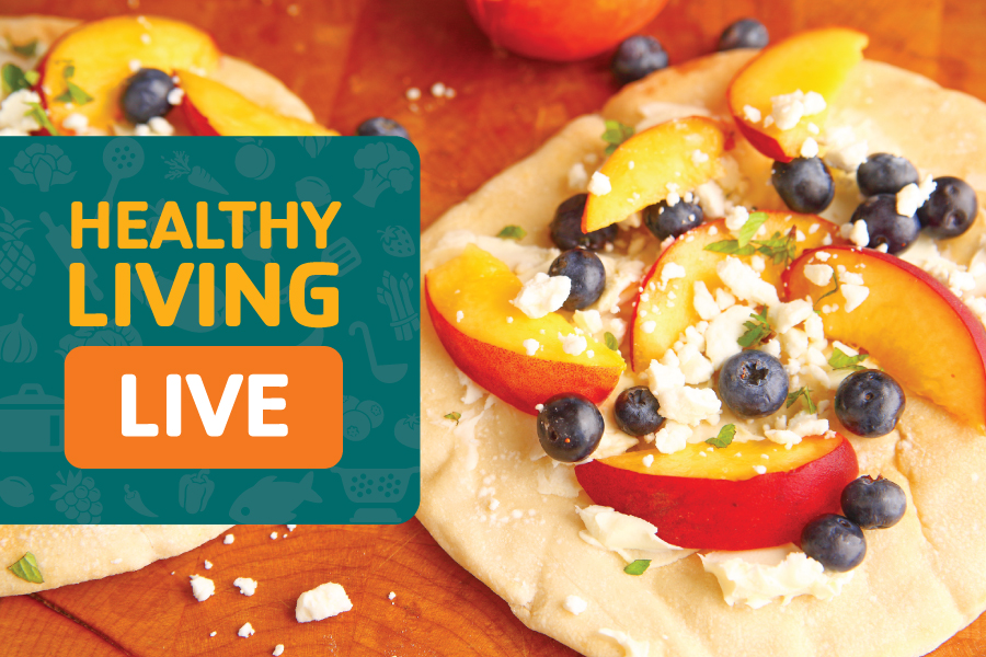 An image of flatbread with summer fruits and herbs with the words Healthy Living Live on top