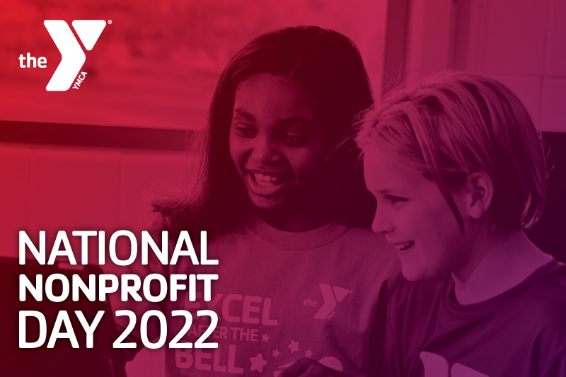 Gradient image of a girl and boy reading with the words National Nonprofit Day 2022